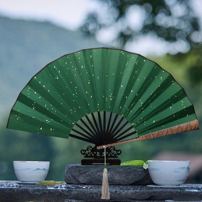 10寸云纹精雕刻宣纸折扇黑洒金绢布海浪纹男女中国风国潮扇子定制