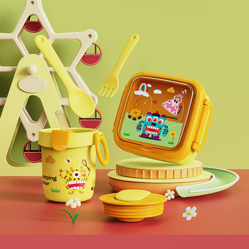 逗芽家随行便当盒汤杯套装叠叠乐儿童饭盒配叉勺卡扣吸管密封汤杯