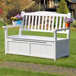 W6户外收纳椅子储物凳靠背可坐人简约庭院座椅公园休闲防腐木长凳