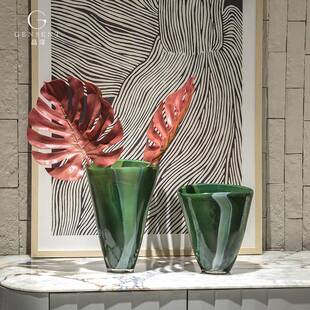 晶淳 中古绿色大敞口径玻璃花瓶 客厅百搭水培鲜花束软装饰品