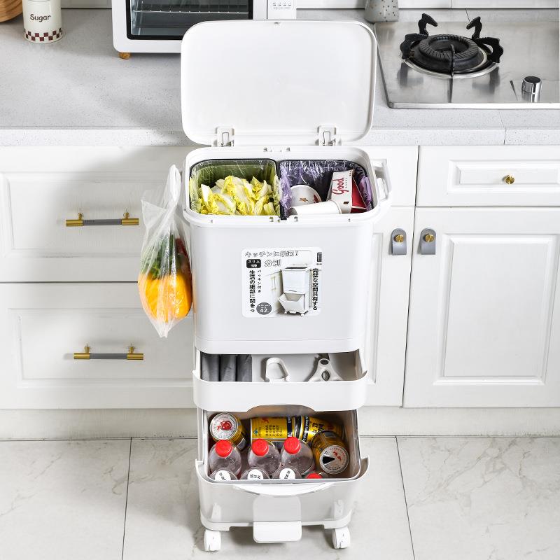 家用创意厨房垃圾桶厨余垃圾干湿分类三层可移动按压垃圾桶高颜值