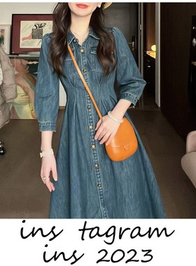 复古周末 收腰牛仔连衣裙女春季小个子高腰a字长裙子