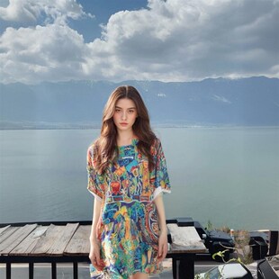 拉伦娜2024女大码裙春夏度假百搭罩衫波西米亚沙滩连衣裙宽松睡裙