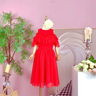童装女童夏装新款连衣裙短袖雪纺荷叶边露肩红色裙子女宝裙子薄