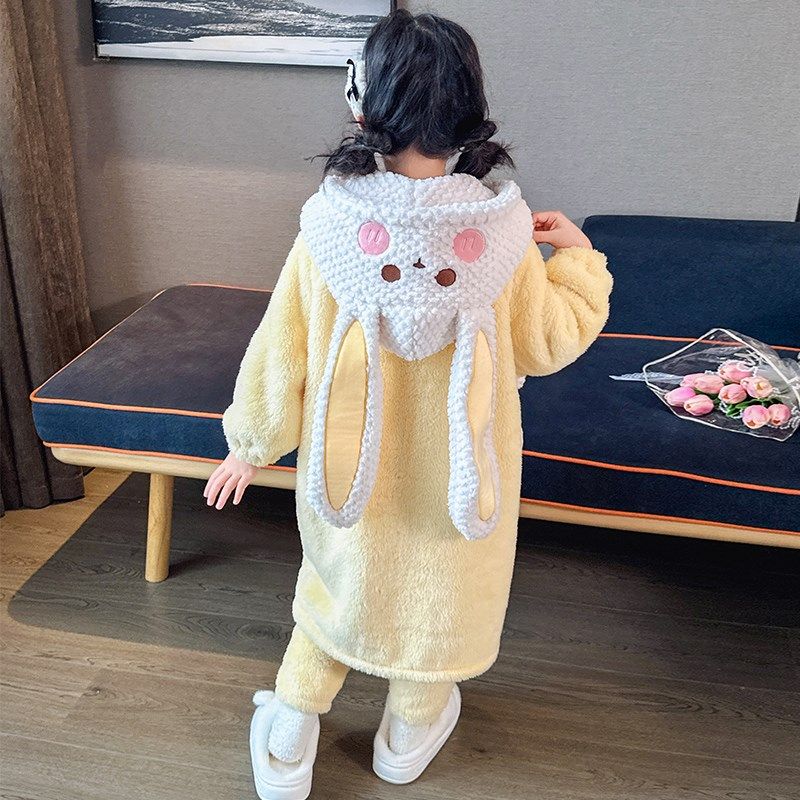 儿童睡衣套装冬季加厚款女童小孩珊瑚绒法兰绒睡袍可爱连帽家居服