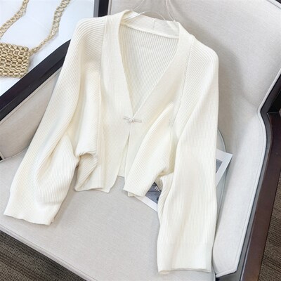 民国风V领针织开衫2024年新款文艺百搭毛衣外套配旗袍披肩短款