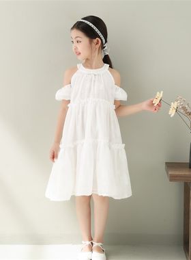 女童公主雪纺连衣裙2024夏季儿童中大童小清新漏肩挂脖白色公主裙