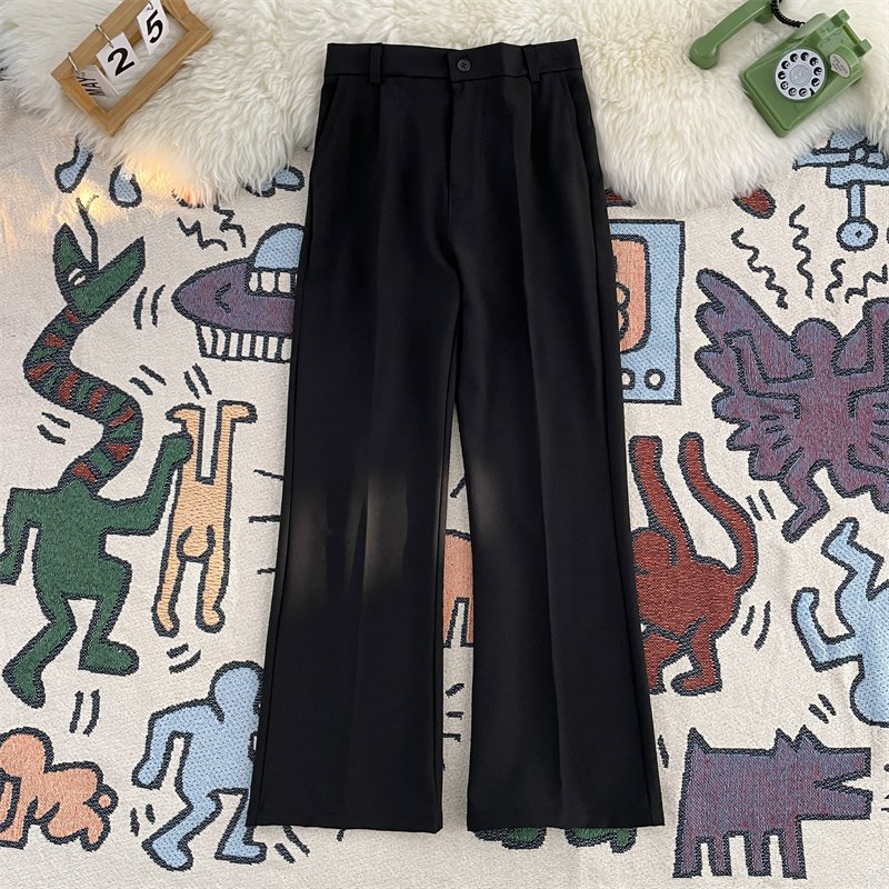 2024春季黑色垂感显瘦小西裤男士轻熟风免烫阔腿直筒微喇叭西装裤