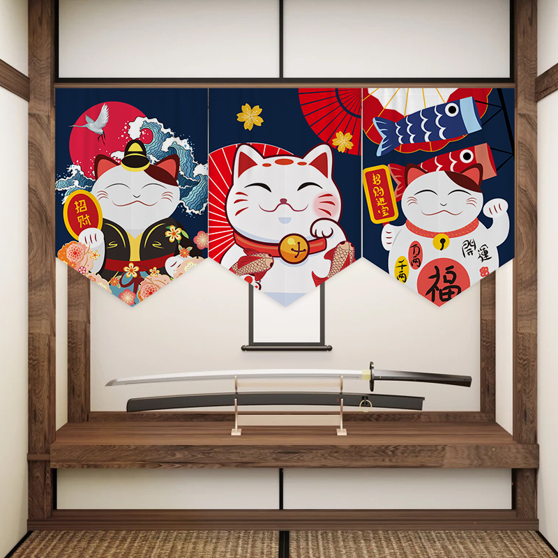 招财猫三角旗门帘隔断帘日式厨房遮挡短帘半帘挂布帘子装饰免打孔