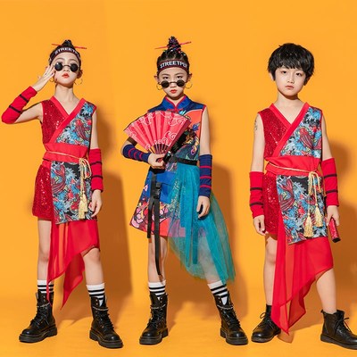 六一国潮爵士舞演出服男女童中国风跳舞裙古典舞服装模特走秀旗袍