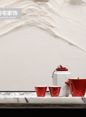 中式客厅黑色陶罐花瓶样板间餐桌红色陶瓷茶具大理石托盘摆件组合