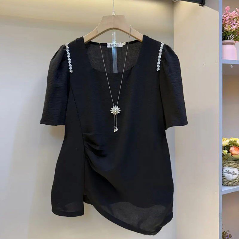 胖MM加肥亮钻肩侧压褶短袖上衣大码女装法式设计感夏季款百搭小衫