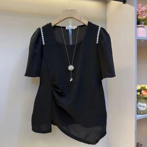 胖MM加肥亮钻肩侧压褶短袖上衣大码女装法式设计感夏季款百搭小衫