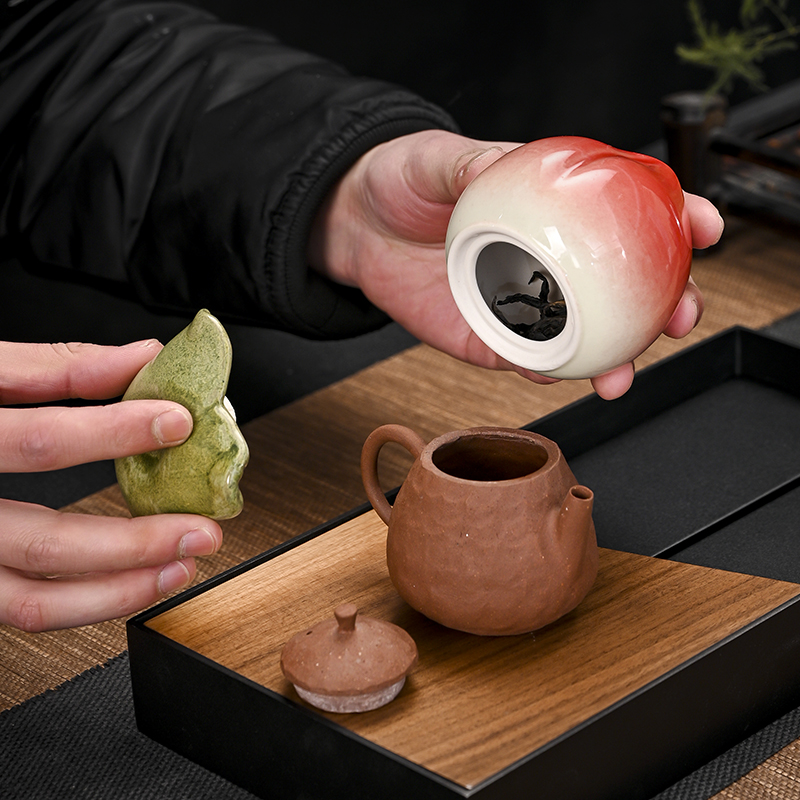 陶瓷大号寿桃茶叶罐便携家用创意摆件庆生祝寿礼物礼盒装刻寿定制