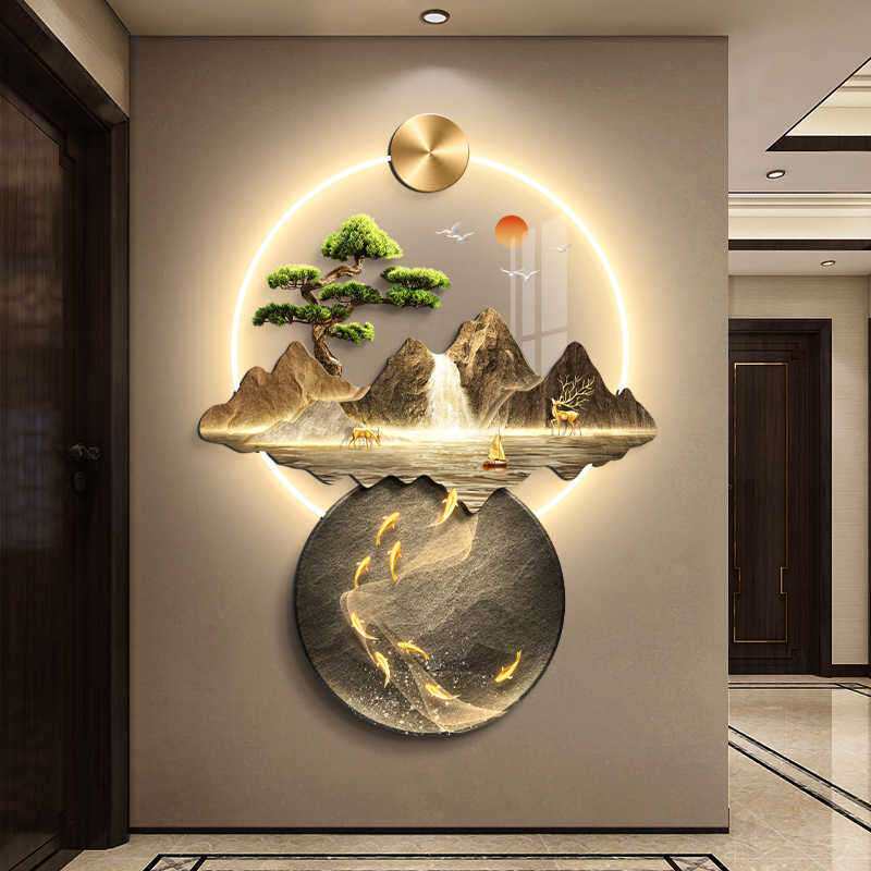 流水生财入户玄关装饰画新中式山水画过道立体挂画无框亚克力灯画
