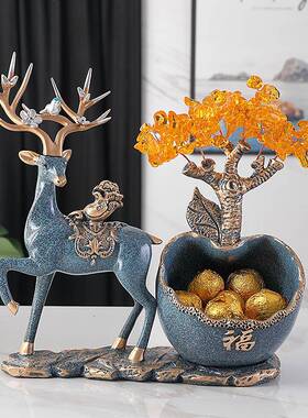 进门视口鞋放钥匙的玄关电TB656177柜收柜纳招财树鹿摆件新中式盒