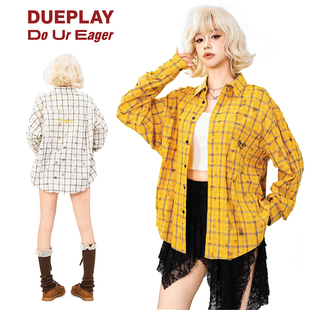 美式 DUEPLAY 破洞长袖 衬衫 外套男女 休闲格纹衬衫 明星郑恺品牌