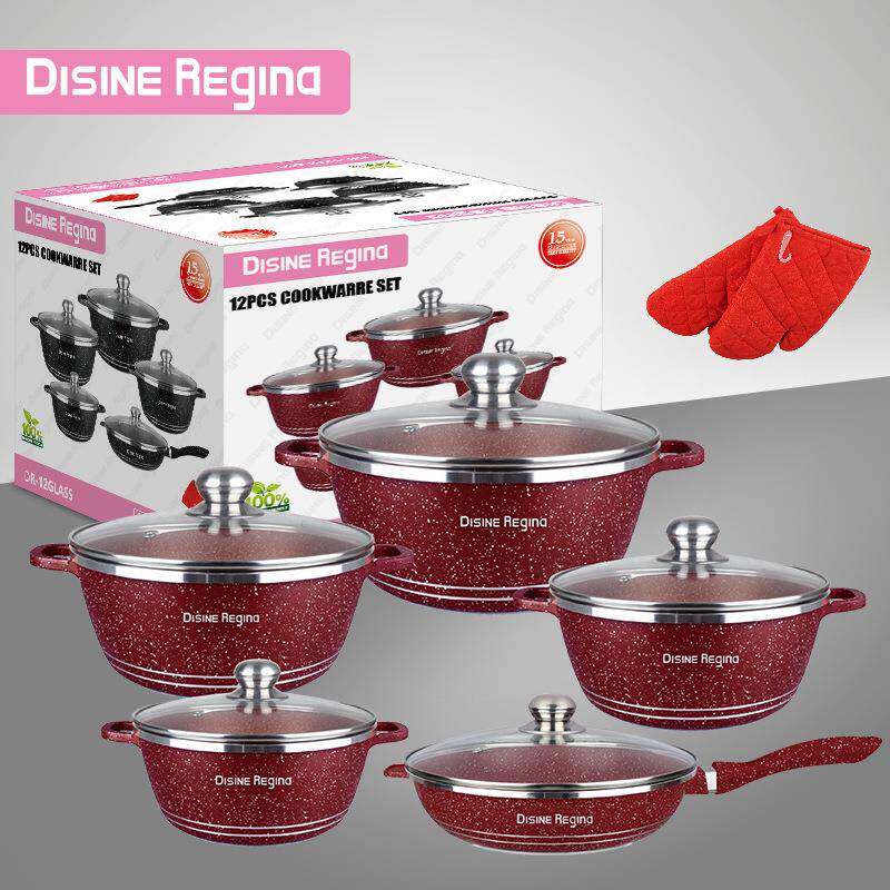 外贸出口家用12件套不粘锅压铸铝锅汤锅奶锅平底深煎锅麦饭石套装