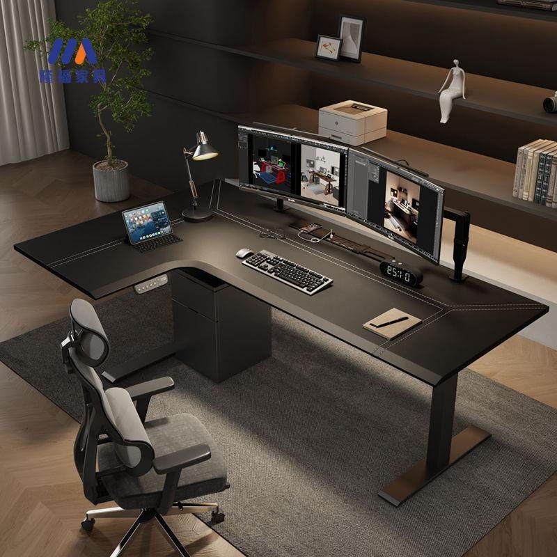 家用电竞电脑桌实木办公桌转角电动升降桌l型拐角皮面工作台书桌