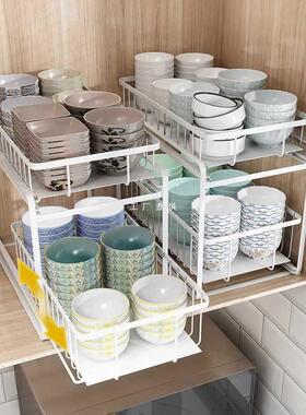 ft拉篮厨房橱柜30cm碗篮碗碟抽屉式调味双层调料高柜厨柜内碗架改