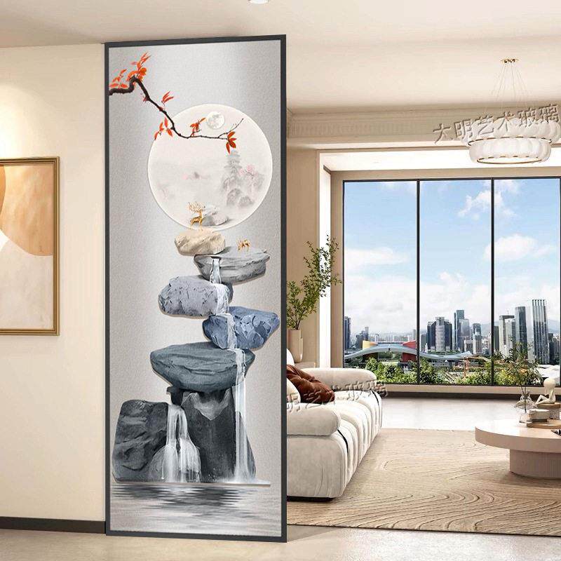 油画超146白波纹钢化艺术玻画璃带水隔断屏风雕花玄关生卧室卫间