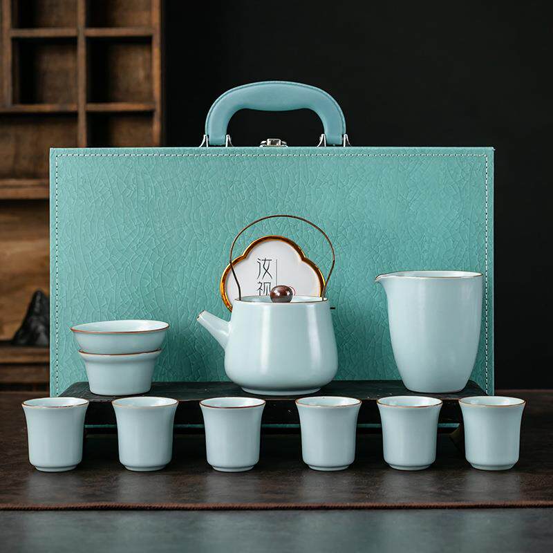 汝窑茶壶盖碗陶瓷茶具套装天青米黄办公家用手提盒商务活动送礼