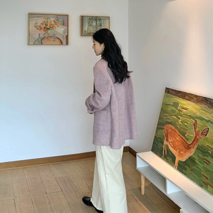 高级感紫色呢子大衣女秋冬装新款小个子法式气质宽松毛呢西装外套