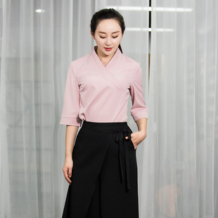 SPA养生馆工作服足浴技师女套装修身美容院套装中袖2021新款春夏