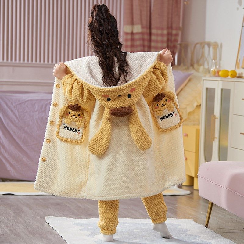 儿童睡衣冬季法兰绒珊瑚绒秋冬款女童女孩睡袍套装加绒加厚款冬天