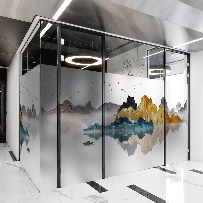 金山银山企业办公室轻奢新中式静电磨砂玻璃贴膜隔断装饰贴纸定制