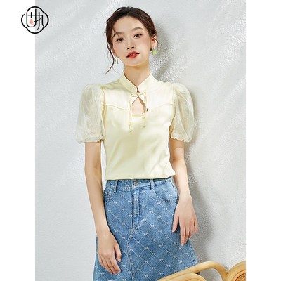 固执夏季新款复古立领镂空蕾丝拼接泡泡短袖T恤50832TX08224