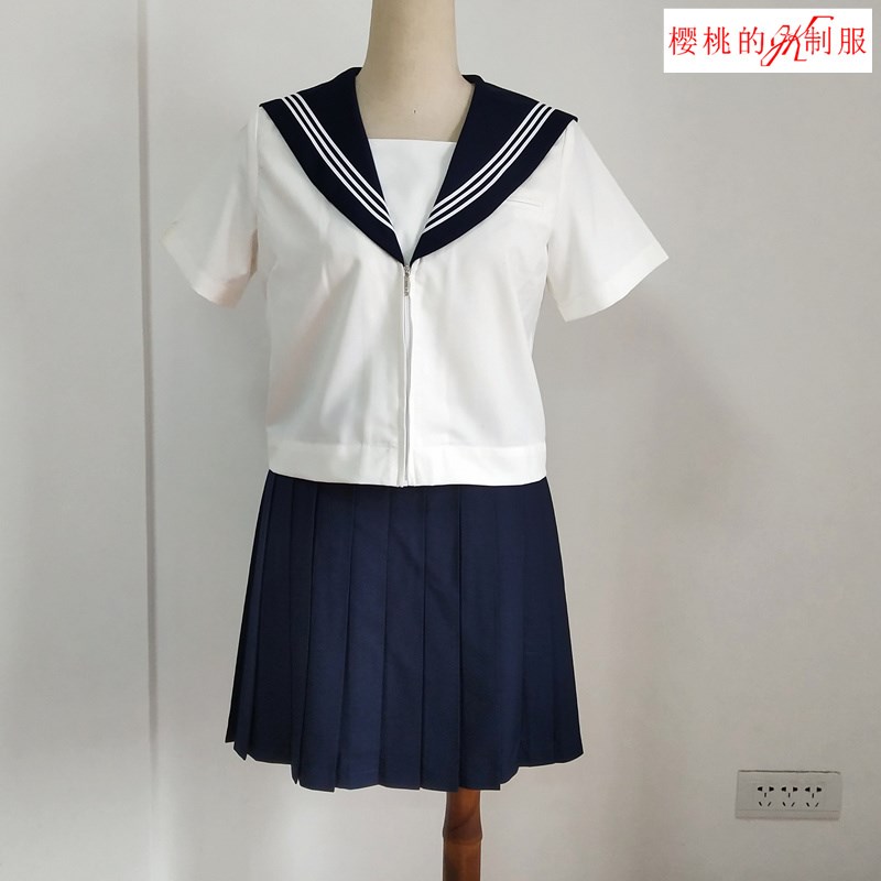 基础款JK制服水手服学院风班服 软妹绀色短袖白三本百褶裙套装