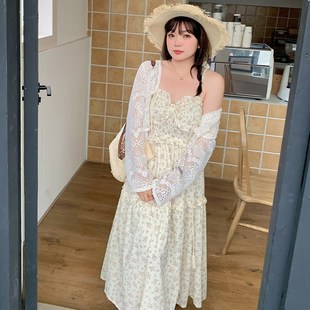 奶黄色夏日初恋套装连衣裙大码女装2023夏季洋气吊带裙两件套显瘦