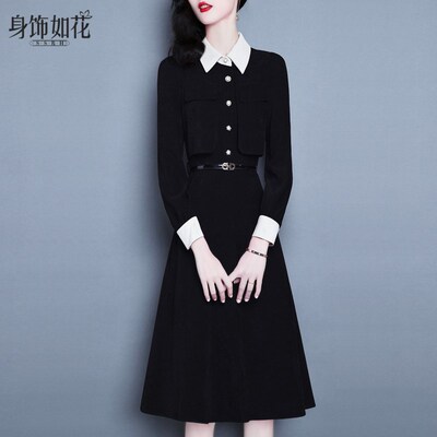小黑裙2024秋冬新款气质淑女修身a字裙撞色娃娃领长袖黑色连衣裙