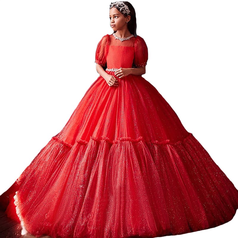 儿童主持人拖尾晚礼服高端女童模特走秀公主裙小女孩钢琴表演出服