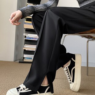 裤 窄版 胖mm高腰显瘦垂感拖地开叉黑色直筒西装 女春秋大码 子 阔腿裤