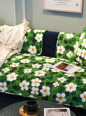 雨朵  绿色小花全棉沙发垫布艺防滑四季通用沙发套罩盖巾贵妃定制