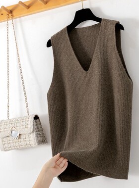 针织V领马甲无袖毛衣背心女2021春秋新款宽松大码外搭中长款马夹
