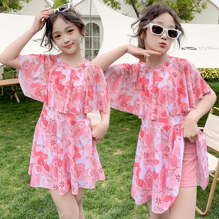 女童分体泳衣2023夏季新款儿童花朵裙式潜水服小女孩短袖防晒泳装