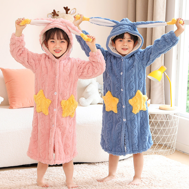 冬季儿童加厚睡袍星星浴袍女童珊瑚绒睡衣长款男童卡通睡裙中大童