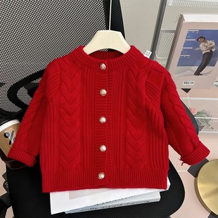 女童加厚毛衣春秋装2024新款洋气时髦小女孩儿童红色针织开衫外套