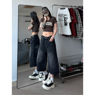 新款 中裤 短裤 黑色牛仔七分裤 子 子大码 女夏季 直筒裤 美式 宽松五分裤