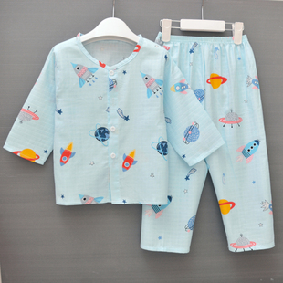 儿童纯棉纱布睡衣春夏季男女童中长袖大童薄套装家居服可配亲子装