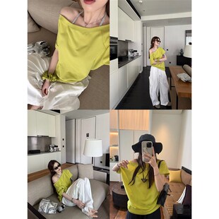 superniniyy 盐甜兼备斜肩卫衣薄款宽松显瘦露肩短袖T恤上衣女夏