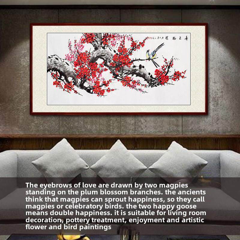 纯手绘眉喜鹊梅装花图国画挂画客MAP厅花喜鸟饰画卷芯带框横版