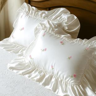柔凉感少心粉玫ZUS瑰冰女丝滑枕套夏季枕一对祇装单双人荷叶花边