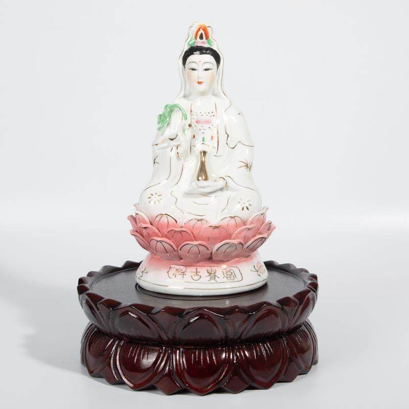 实木饰圆观音菩萨莲基地家拜佛像关公财神花雕像装KEJ基地加高