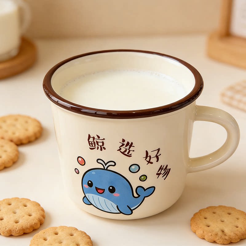 【鲸选】新款米黄陶瓷水杯创意家用卡通喝水咖啡牛奶杯