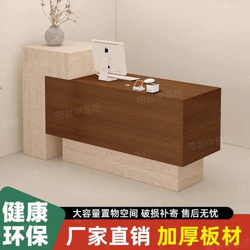 轻奢风格仿大理石收银台E1级环保刻面人造板带穿线孔服装店长桌