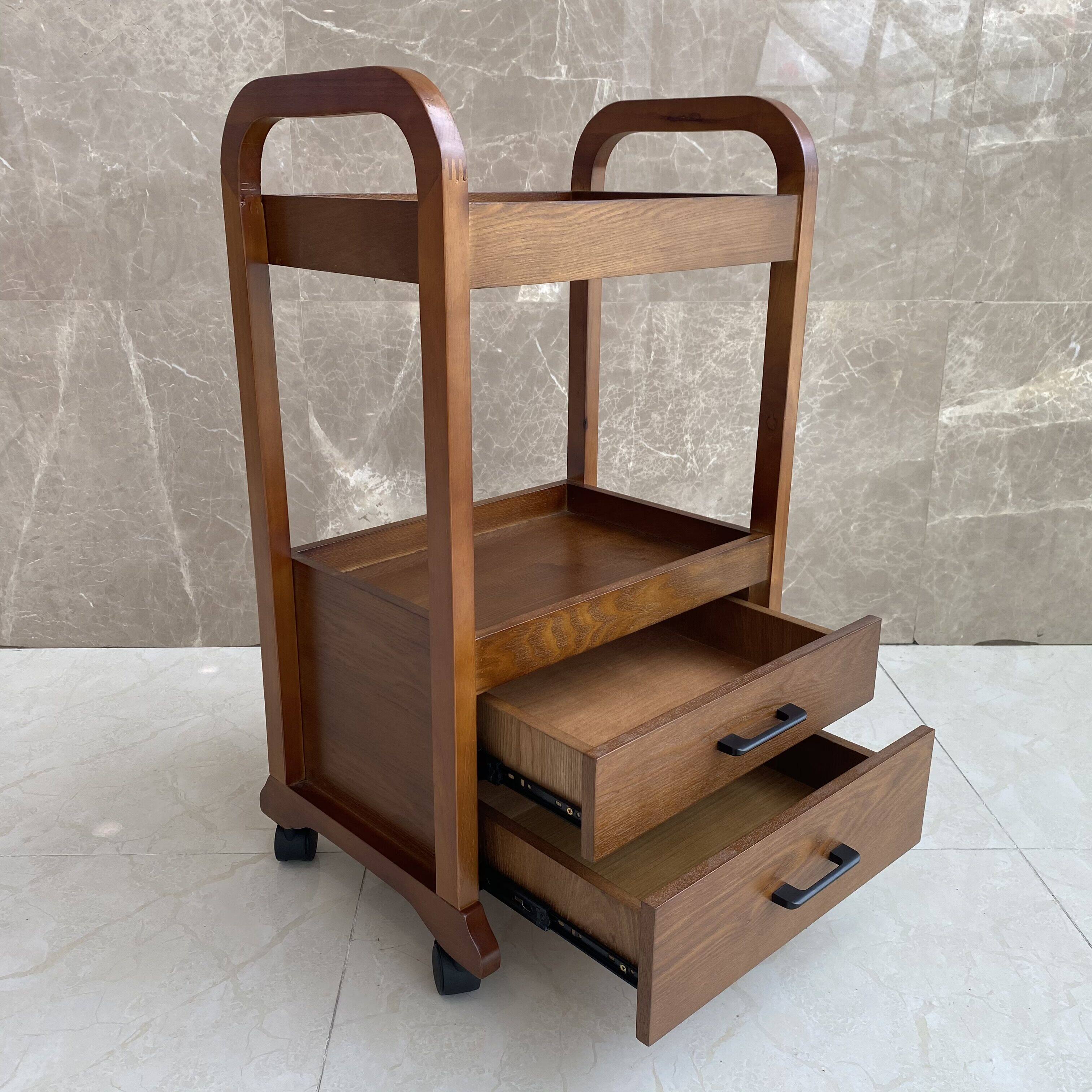 美容院欧式实木质工具车双层纹推车美容绣美发抽屉木质推车美甲木